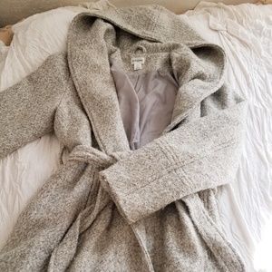 cozy gray winter coat (tie belt, accented collar)